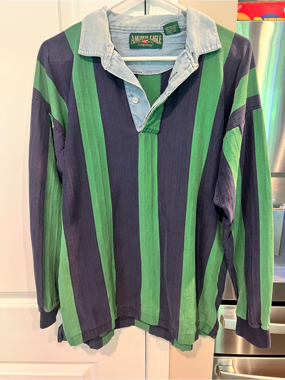 Vintage 90s American Eagle Outfitters Striped Rugby Shirt - Denim Collar Large